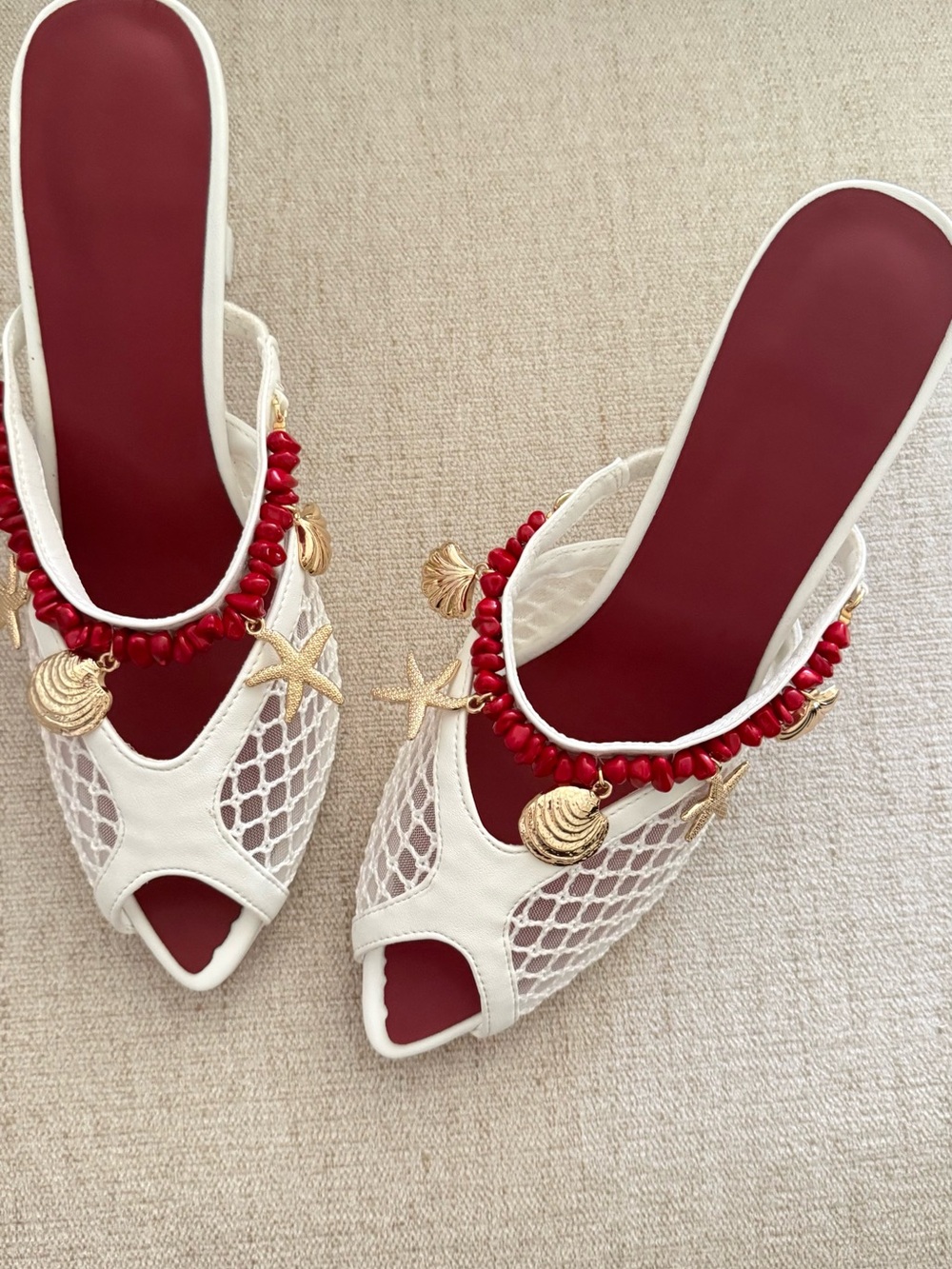 Inspired White Mesh Peep-Toe Mules with Red Insole and Gold Shell Charms